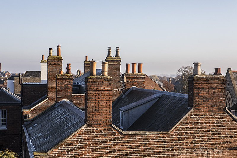 up above the trees and houses