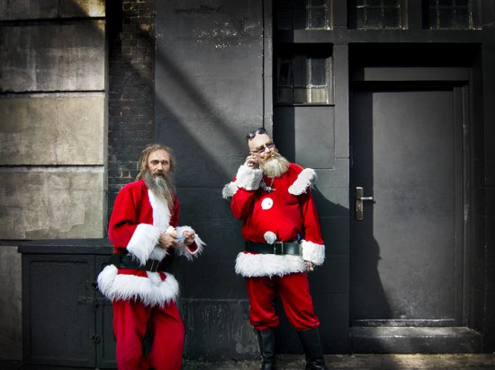 two santas smoking spliff in shoreditch shot in september