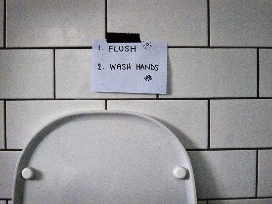 1. flush 2. wash hands