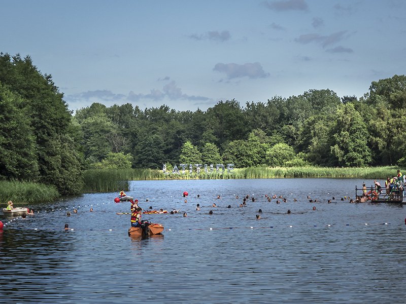 fat face swimming in the lake